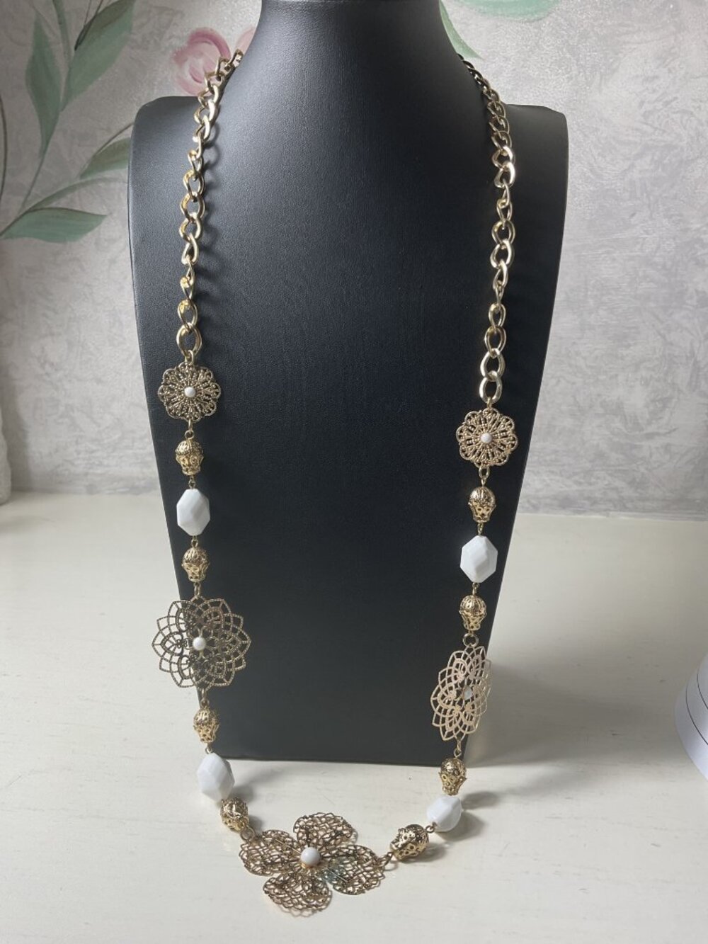 Gold Tone Floral Filigree Necklace With White Beads & Adjustable Chain